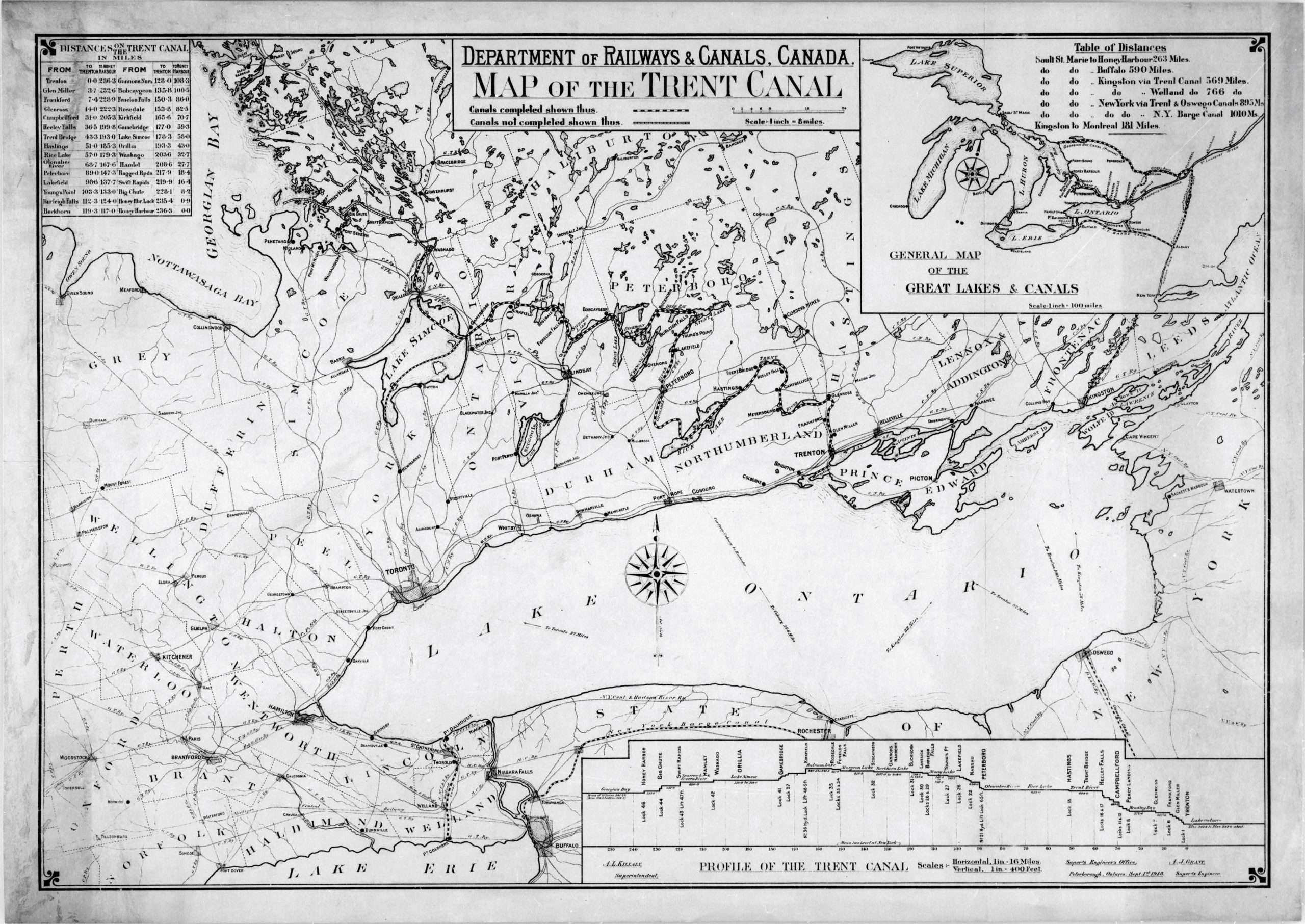 1918 Department of Railways and Canals map showing the complete Trent-Severn Waterway route from Trenton to Port Severn
